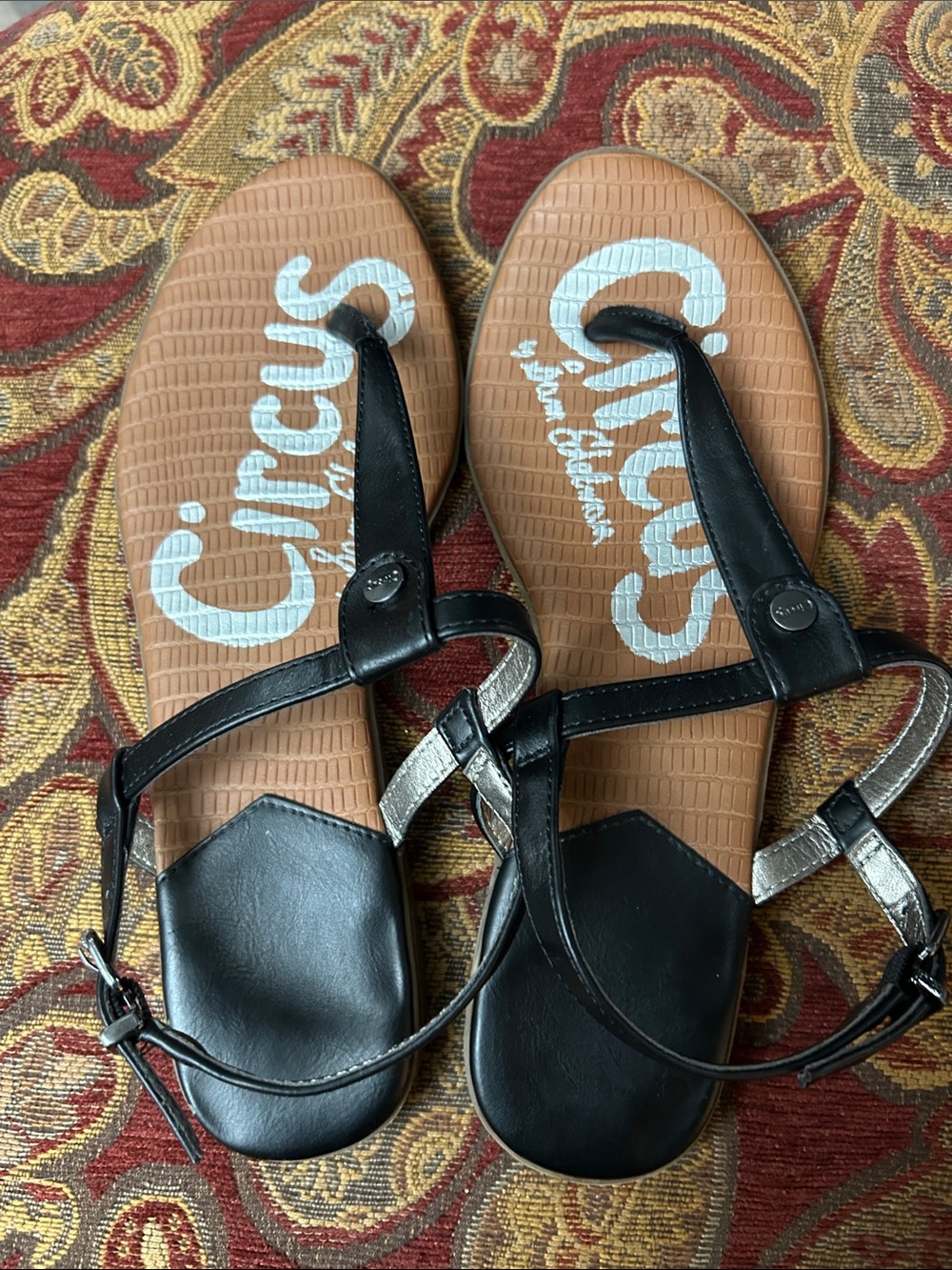 Circus by Sam Edelman Black and Tan T-Strap Sandals with Silver Accent